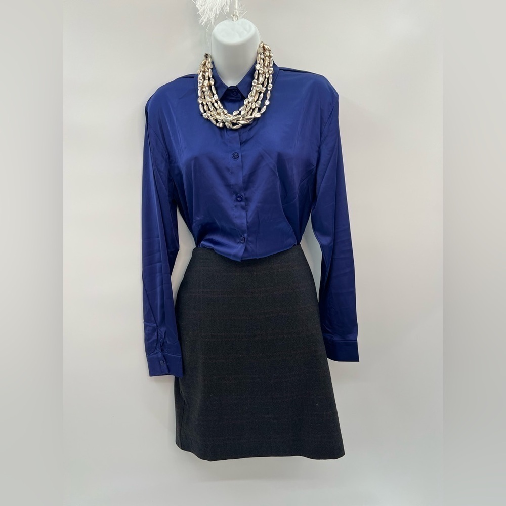 Blue Satin Shirt for Women – Lapel Collar V-Neck Buttoned Long Sleeve Tunic Top